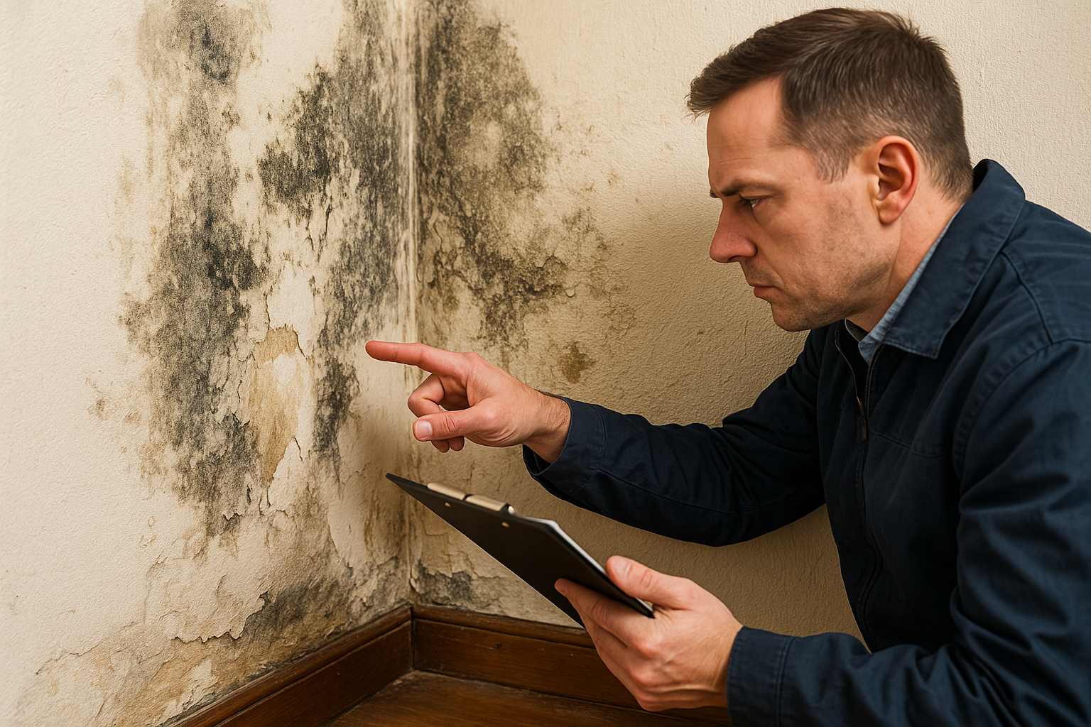 A property inspector examining severe damp and mould growth on an interior wall, highlighting the importance of identifying and addressing moisture issues in homes. The image illustrates the kind of problems buyers and sellers may face during property surveys, from water damage to poor ventilation. Managing damp effectively is a key part of protecting a property’s value and ensuring a healthy living environment.
