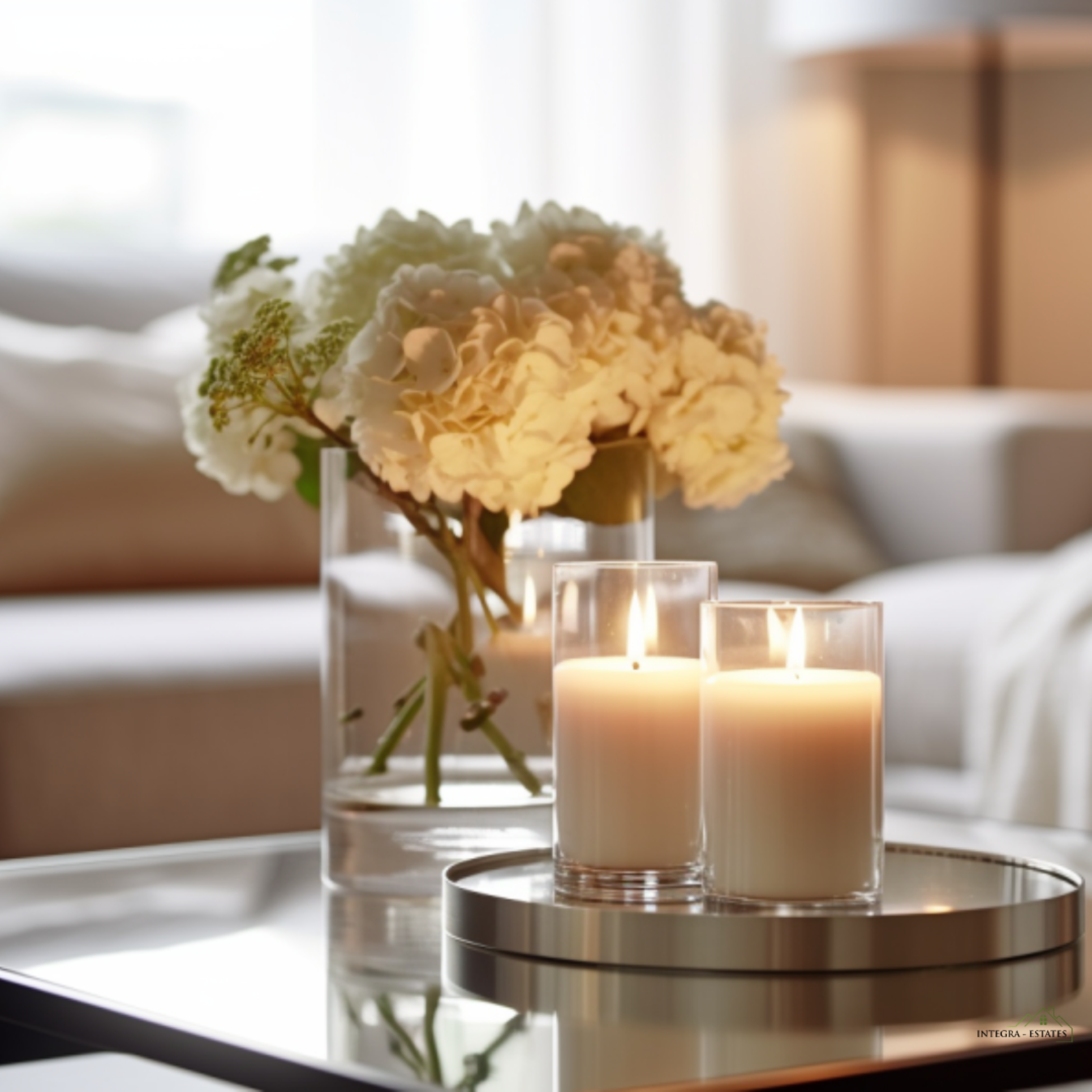 Beautifully staged living room with glowing candles and white hydrangeas on a mirrored coffee table, showcasing the attention to detail and presentation offered by a Beckenham estate agent to help homes appeal to buyers.