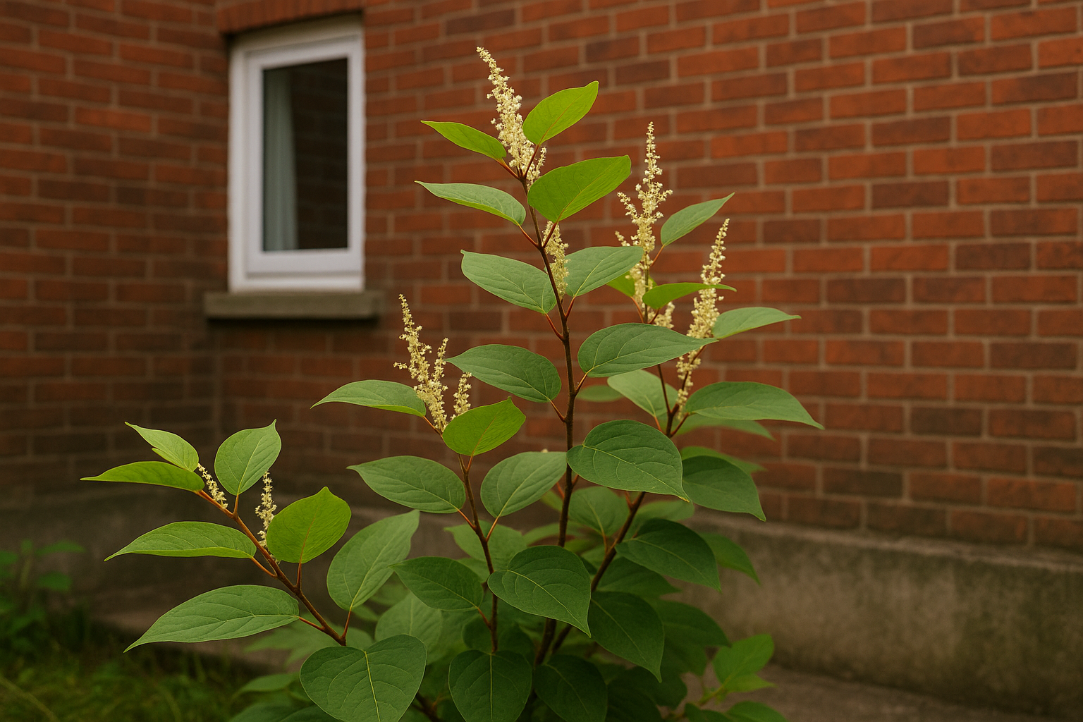 Close-up of Japanese Knotweed growing in front of a red brick house wall, with its tall green leaves and cream-coloured flowers in bloom. This invasive plant is commonly found in UK gardens and near buildings, where it can become a serious concern for homeowners.