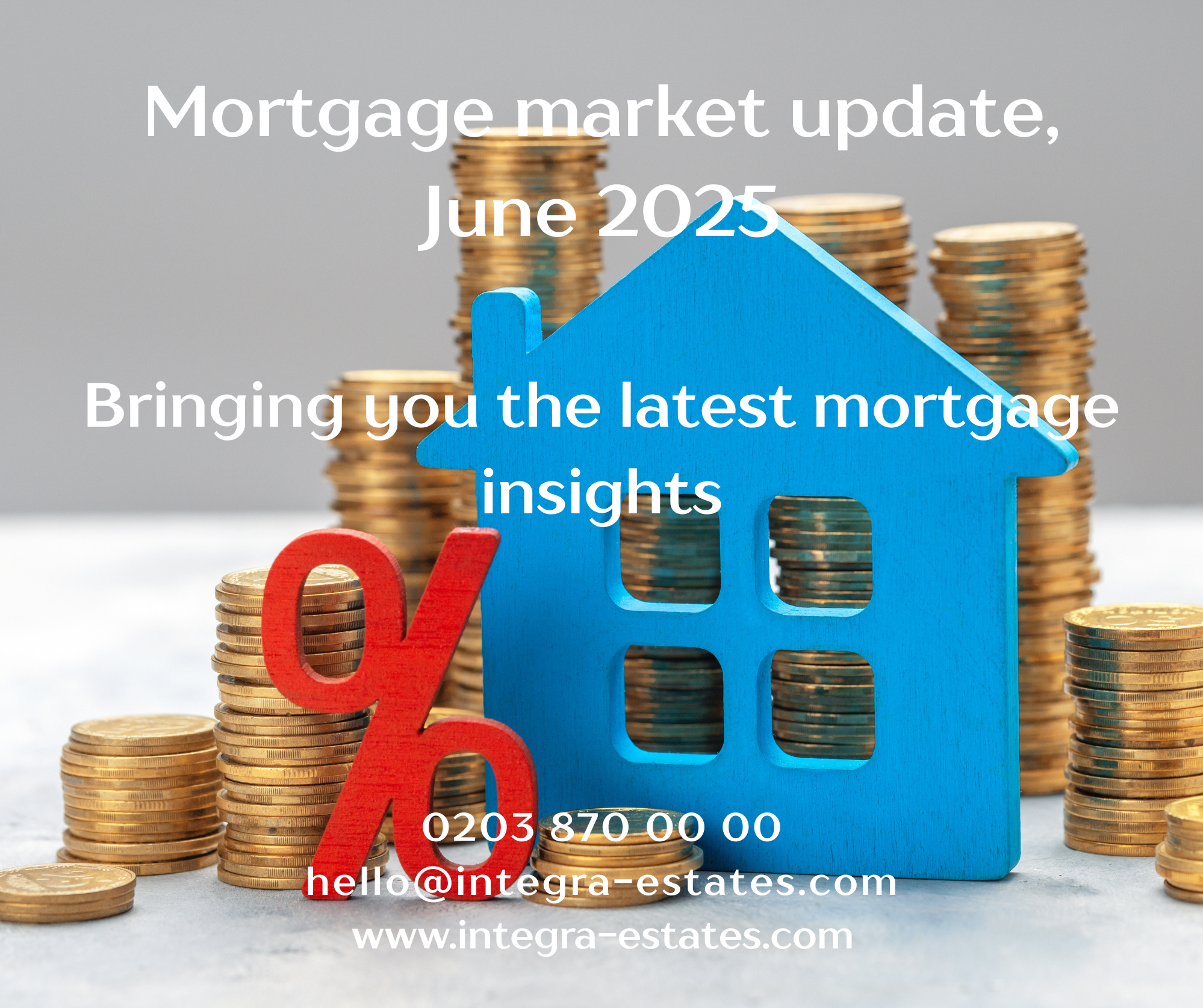 Mortgage market update graphic for June 2025 featuring a blue wooden house icon surrounded by stacked gold coins and a large red percentage symbol. The text overlay highlights: “Mortgage market update, June 2025 – Bringing you the latest mortgage insights”. Contact details for Integra Estates are shown, including phone number, email, and website.