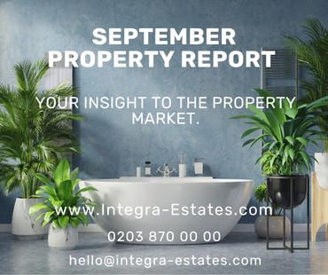 Promotional banner for Integra Estates’ September Property Report, providing insights into the local housing market. The image shows a stylish, modern bathroom with lush green plants against a textured blue wall, overlaid with text promoting Integra Estates’ property insights, contact details, and website