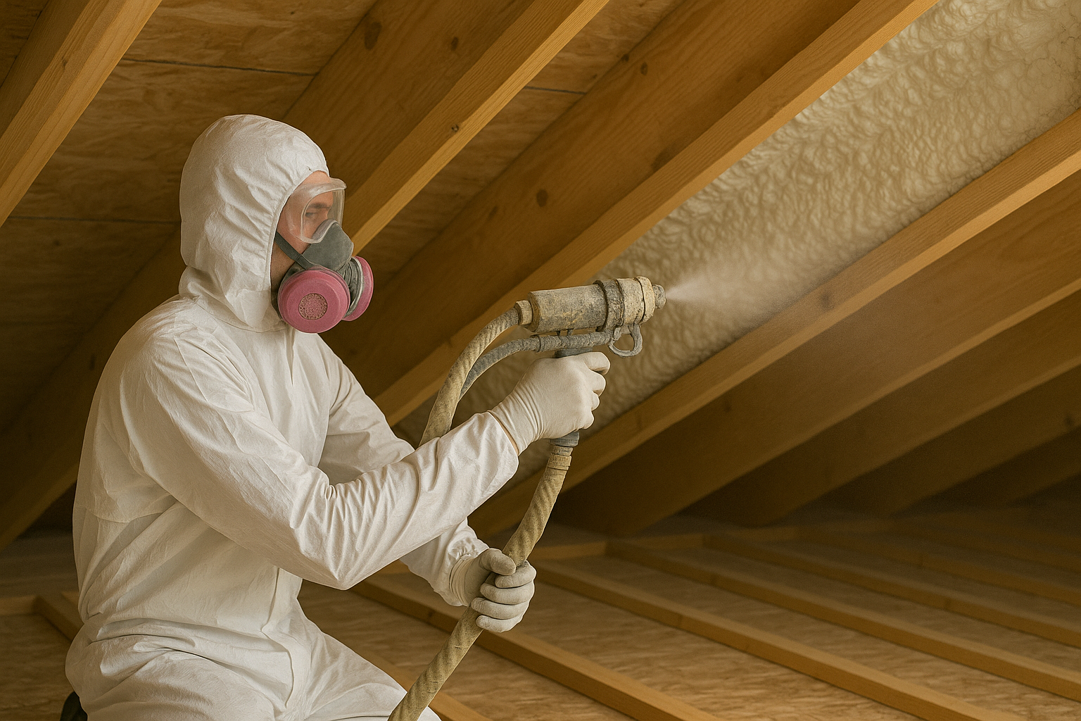 Professional installer in protective gear spraying foam insulation in a loft space. This image highlights modern energy efficiency solutions, home improvement upgrades, and property value enhancement. Suitable for estate agents like Integra Estates when discussing sustainable housing, insulation issues, and eco-friendly property features.