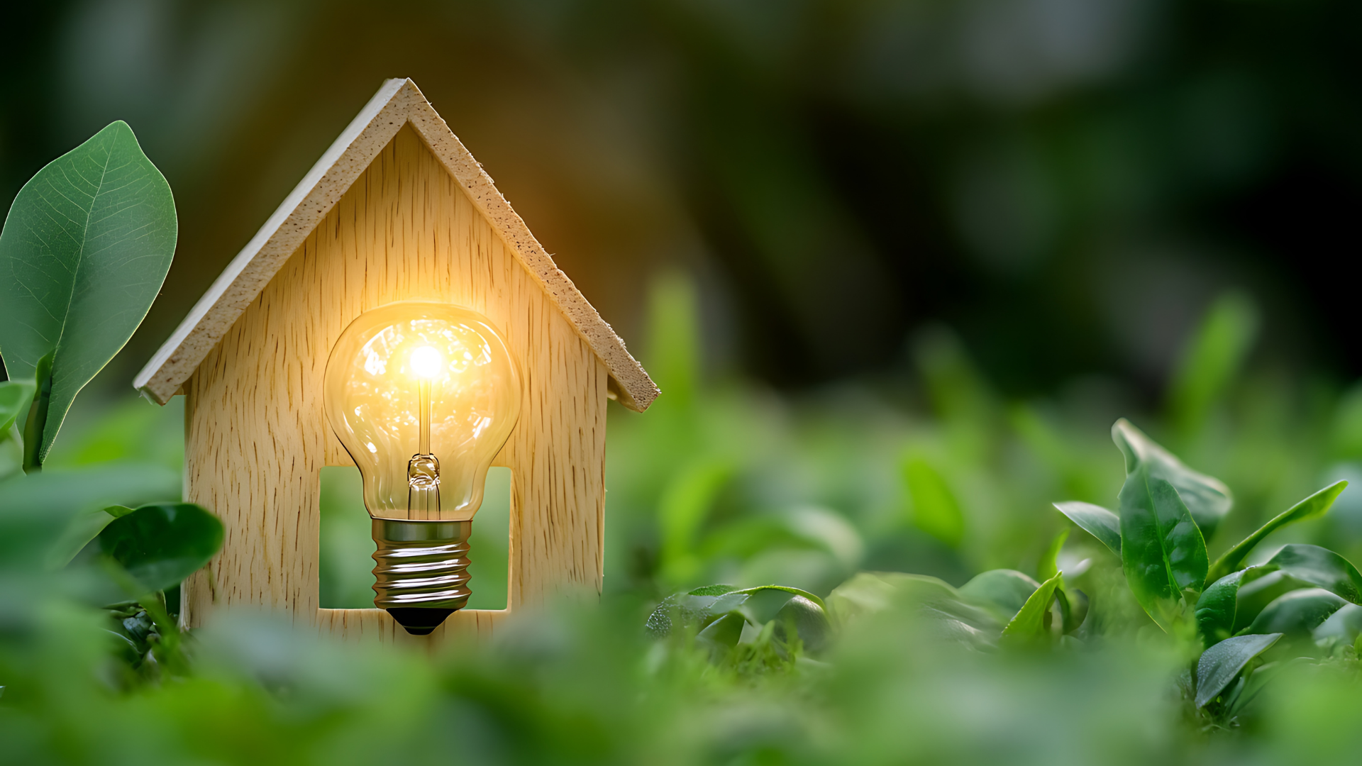 A glowing lightbulb placed inside a small wooden house-shaped frame sits among green leaves and plants, symbolising eco-friendly energy and sustainable living. The background is softly blurred with warm natural light, creating a clean, environmental, and renewable-energy theme.