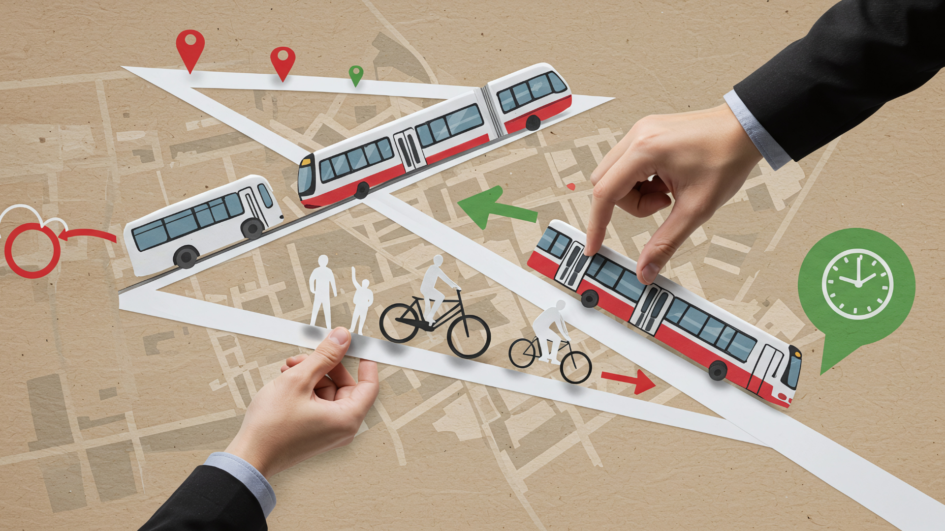 A conceptual collage-style illustration showing various modes of transport, including buses, cyclists, and pedestrians, arranged on map-like pathways. Two hands are placing paper cut-out buses on the routes, with icons such as location pins and a clock symbol representing navigation, transit planning, and sustainable urban mobility.