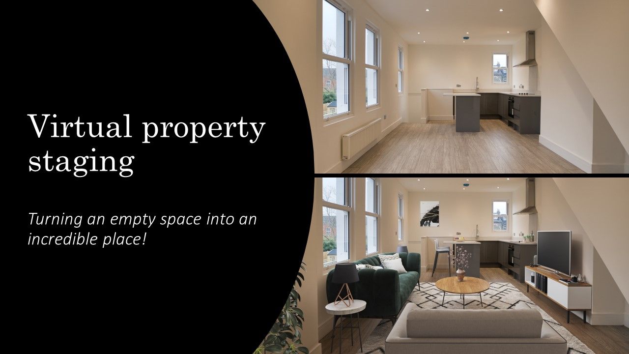 Virtual property staging example showing an empty open-plan living room and kitchen transformed into a stylishly furnished home. The top image displays a vacant modern space with wood flooring and fitted kitchen, while the bottom image showcases the same room virtually staged with a sofa, coffee table, TV unit, and décor. Demonstrates how Beckenham estate agents, Orpington estate agents, and Penge estate agents can use virtual staging to help buyers imagine the true potential of a property and achieve quicker, higher-value sales.