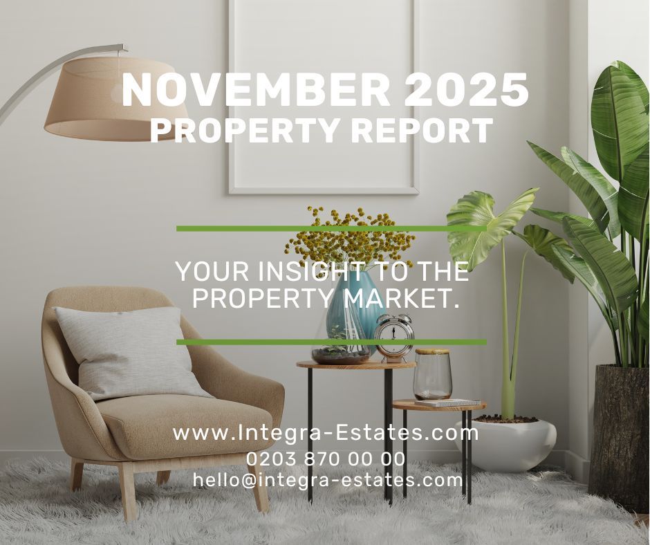 A calm and stylish living room with a soft beige armchair, fluffy rug, small wooden side tables, indoor plants and a glass vase of yellow flowers, overlaid with the text November 2025 Property Report along with contact details for Integra Estates.